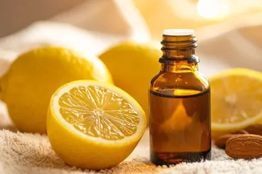 Połówka cytryny i całe cytryny obok bursztynowej butelki z olejkiem na ręczniku