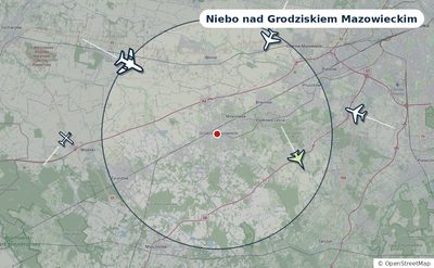 Mapa okolic miasta z sylwetkami samolotów — Niebo nad Grodziskiem Mazowieckim na żywo