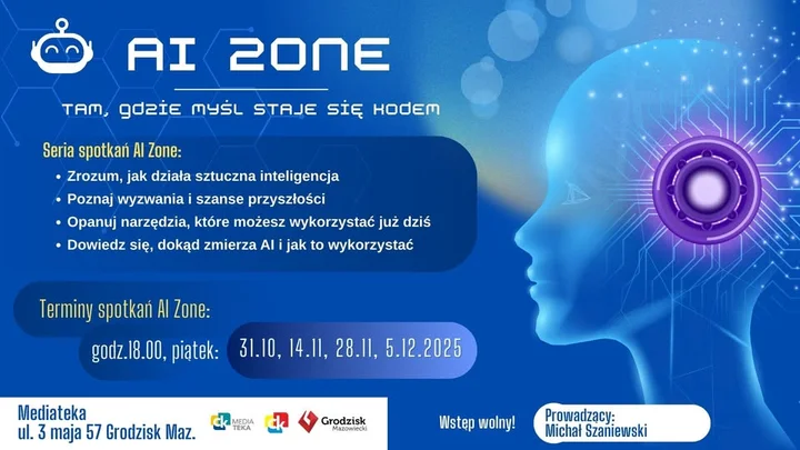 Obrazek przedstawia grafikę promocyjną wydarzenia Cykl otwartych spotkań o sztucznej inteligencji w Mediatece Grodzisk