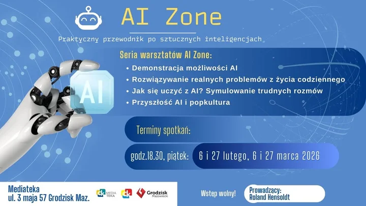 Grafika promocyjna wydarzenia AI ZONE — warsztaty AI: popkultura i futurologia