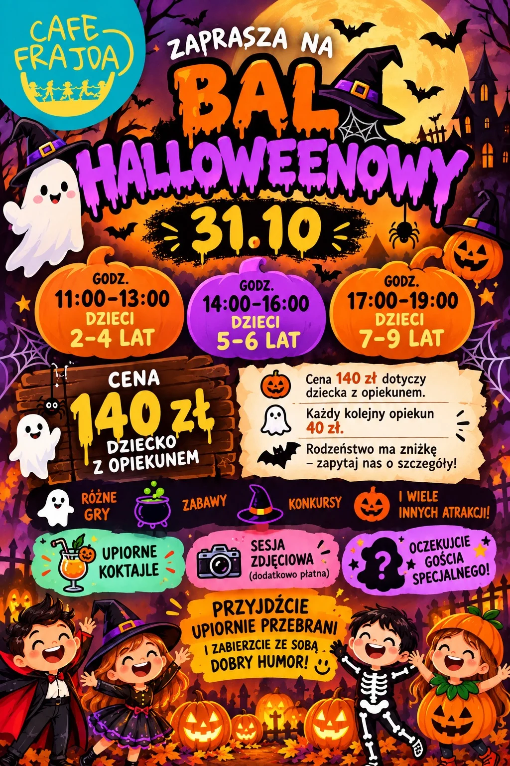 Grafika promocyjna wydarzenia Bal Halloweenowy 2026 w Cafe Frajda dla dzieci