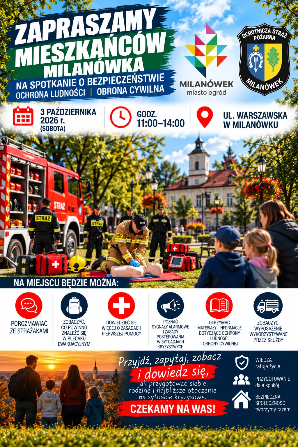Grafika promocyjna wydarzenia Bezpieczny Milanówek – spotkanie o ochronie ludności i obronie cywilnej