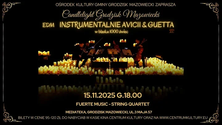 Grafika promocyjna wydarzenia Candlelight Grodzisk Mazowiecki – EDM Avicii & David Guetta w aranżacjach kwartetu Fuerte