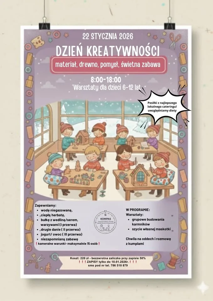 Grafika promocyjna wydarzenia Dzień Kreatywności — 10 godzin z drewnem i tkaninami