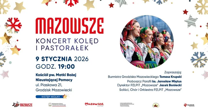Grafika promocyjna wydarzenia Koncert kolęd i pastorałek PZLPiT „Mazowsze” w Grodzisku Mazowieckim