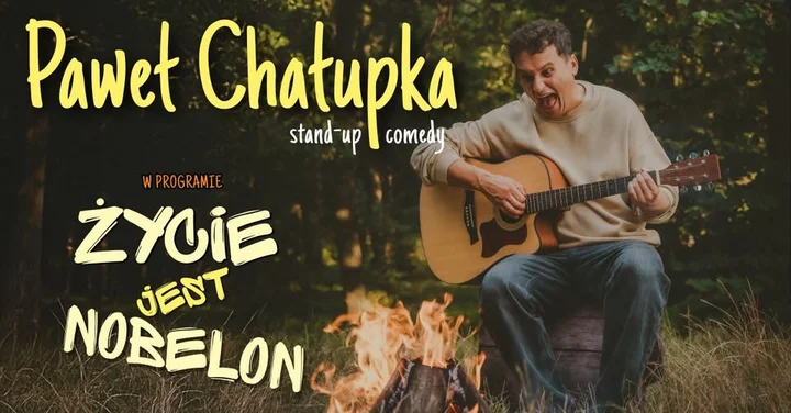 Obrazek przedstawia grafikę promocyjną wydarzenia Stand-up Pawła Chałupki w Grodzisku Mazowieckim — nowy program „Życie jest nobelon”