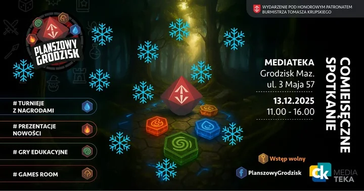 Grafika promocyjna wydarzenia Grodziskie Spotkania Planszówkowe — Planszowy Grodzisk w Mediatece
