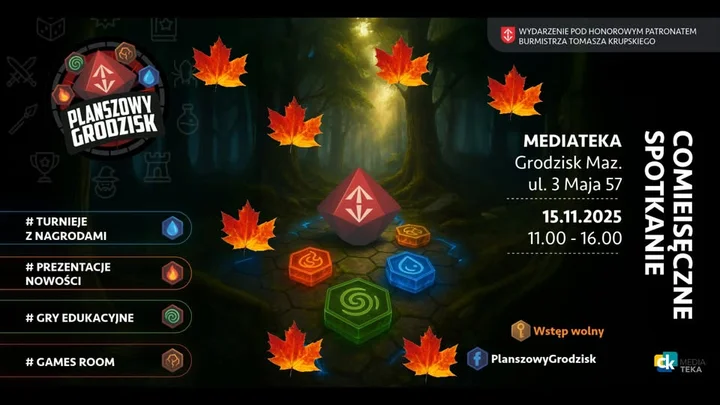 Grafika promocyjna wydarzenia Grodziskie Spotkania Planszówkowe — Planszowy Grodzisk (15 listopada 2025)