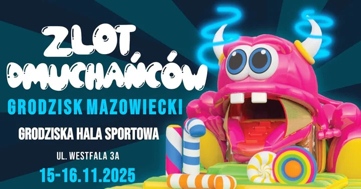 Grafika promocyjna wydarzenia Halowy Zlot Dmuchańców w Grodzisku Mazowieckim — jesienna zabawa pod dachem