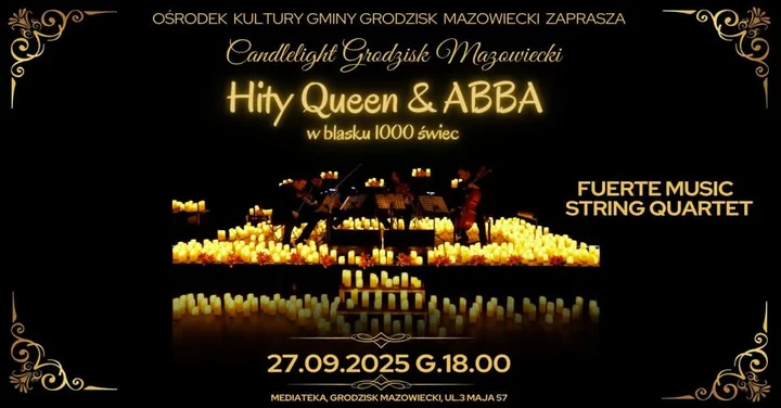 Obrazek przedstawia grafikę promocyjną wydarzenia Koncert Fuerte: przeboje Queen i ABBA przy blasku tysiąca świec