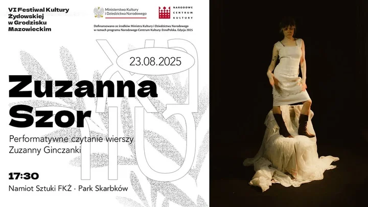 Obrazek przedstawia grafikę promocyjną wydarzenia Performatywne czytanie wierszy Zuzanny Ginczanki w Grodzisku Mazowieckim