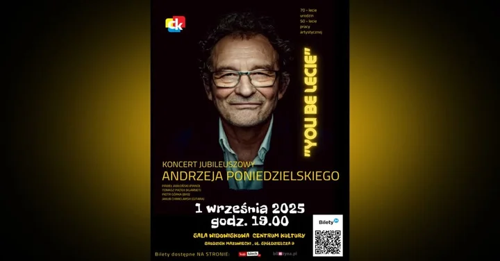 Obrazek przedstawia grafikę promocyjną wydarzenia Jubileuszowy koncert Andrzeja Poniedzielskiego — 1 września 2025