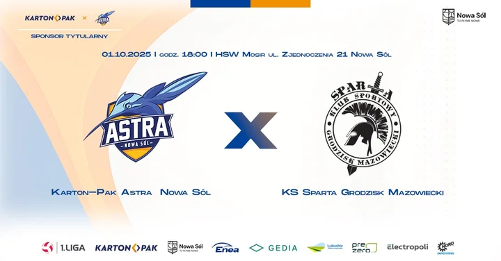 Obrazek przedstawia grafikę promocyjną wydarzenia Mecz Karton-Pak Astra Nowa Sól kontra KS Sparta Grodzisk Mazowiecki