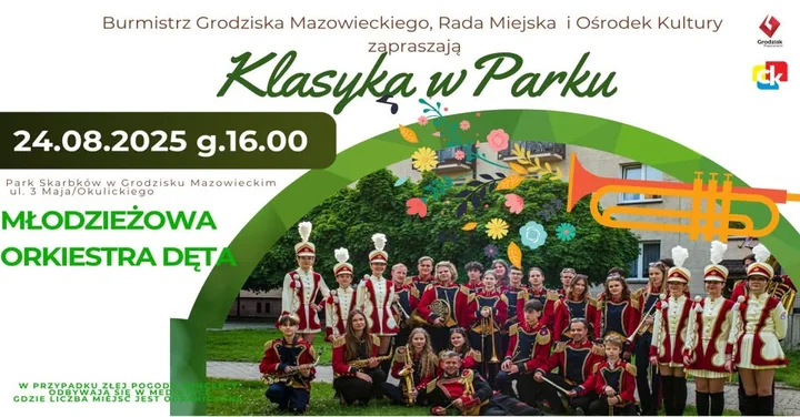 Obrazek przedstawia grafikę promocyjną wydarzenia Letni koncert Młodzieżowej Orkiestry Dętej w Parku Skarbków