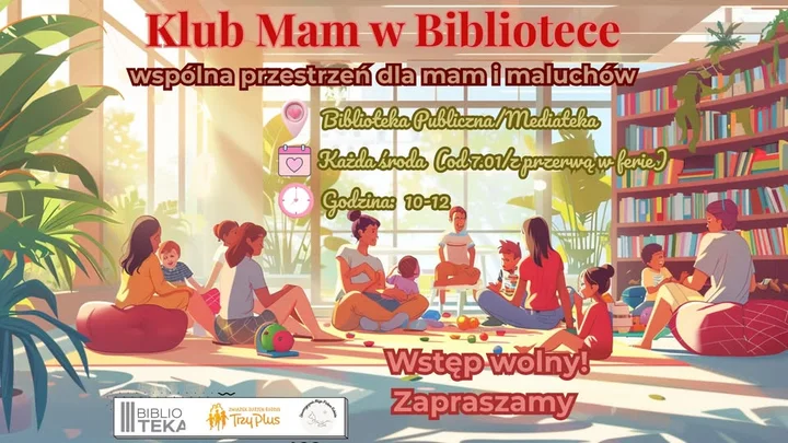 Grafika promocyjna wydarzenia Klub Mam w Bibliotece — spotkania dla mam z dziećmi w Grodzisku Mazowieckim