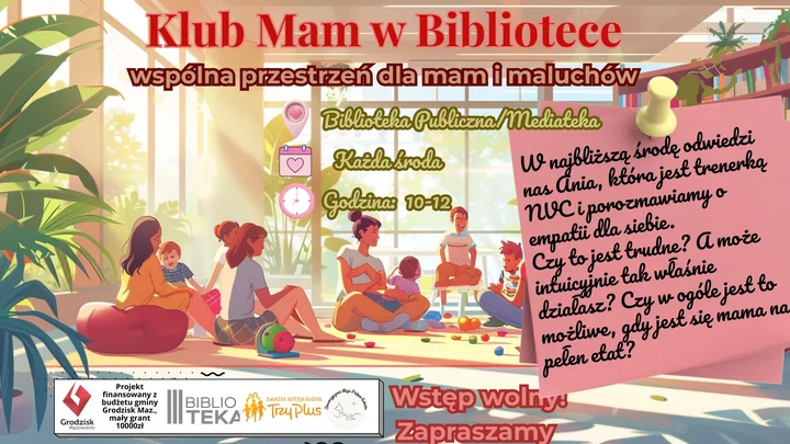 Grafika promocyjna wydarzenia Klub Mam w Bibliotece — spotkania dla mam i maluchów