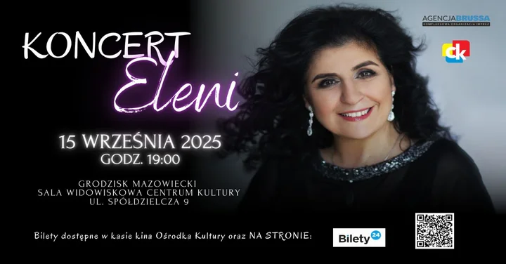 Obrazek przedstawia grafikę promocyjną wydarzenia Koncert Eleni w sali widowiskowej Ośrodka Kultury — 15 września 2025