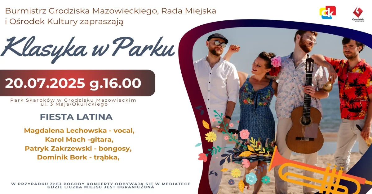 Grafika promocyjna wydarzenia Koncert muzyki latynoskiej w Parku Skarbków w Grodzisku Mazowieckim
