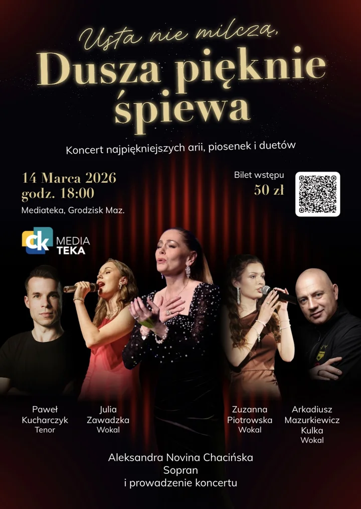 Grafika promocyjna wydarzenia Usta nie milczą, a dusza pięknie śpiewa — koncert crossover w Mediatece Grodzisk