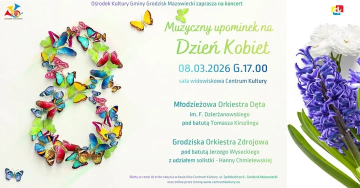 Grafika promocyjna wydarzenia Koncert z okazji Dnia Kobiet — Grodziska Orkiestra Zdrojowa i Młodzieżowa Orkiestra Dęta
