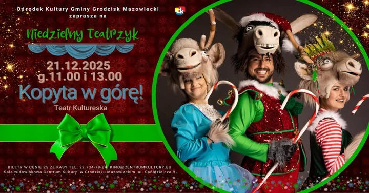 Obrazek przedstawia grafikę promocyjną wydarzenia Świąteczny spektakl dla dzieci: Kopyta w górę!