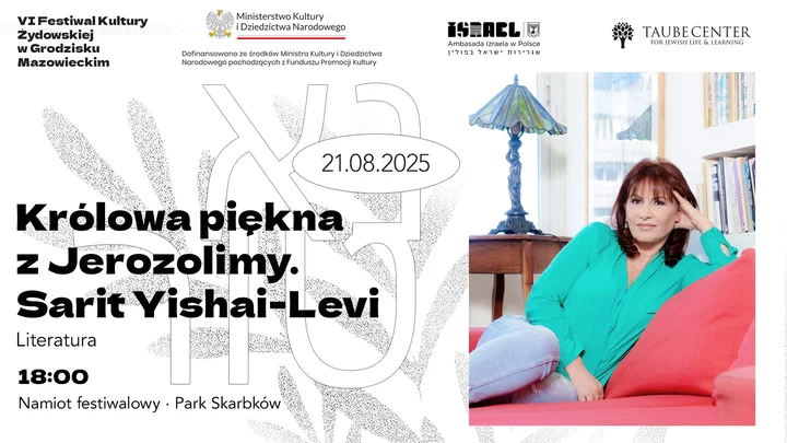 Obrazek przedstawia grafikę promocyjną wydarzenia Spotkanie z Sarit Yishai-Levi w Parku Skarbków w Grodzisku Mazowieckim