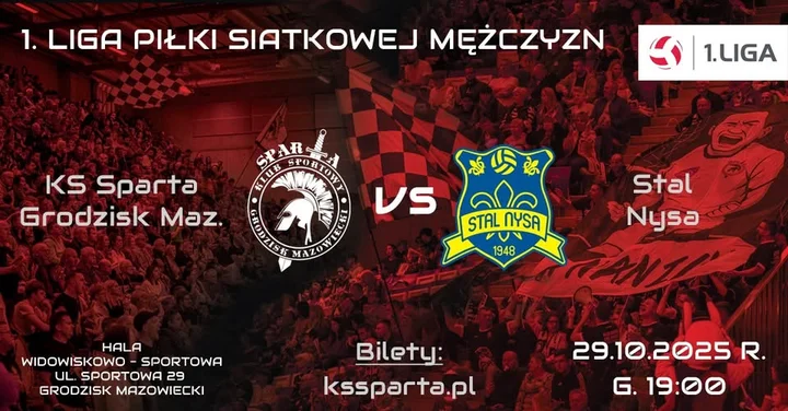 Grafika promocyjna wydarzenia KS SPARTA GRODZISK MAZOWIECKI vs STAL NYSA – mecz siatkówki w Grodzisku