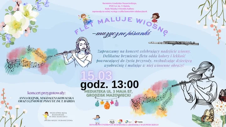 Grafika promocyjna wydarzenia Muzyczna Przygoda — Flet maluje wiosnę (Koncerty dla Małych Odkrywców)