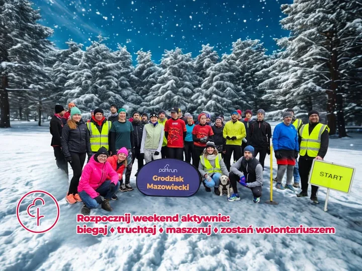 Grafika promocyjna wydarzenia parkrun Grodzisk Mazowiecki – sobotni bieg przy Stawach Walczewskiego