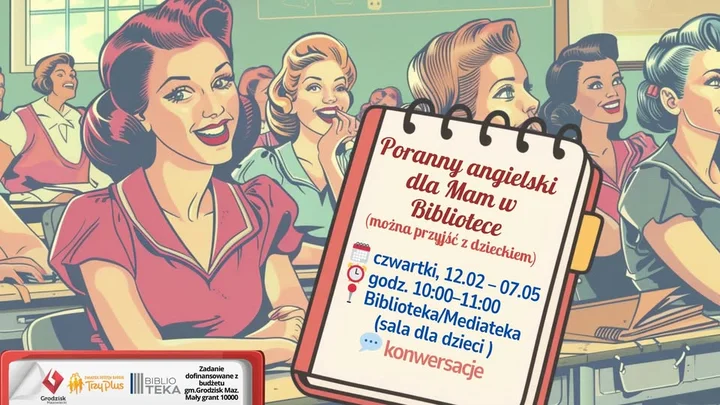Grafika promocyjna wydarzenia Poranny angielski dla Mam — konwersacje w Bibliotece