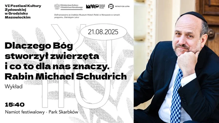 Obrazek przedstawia grafikę promocyjną wydarzenia Wykład Rabina Michaela Schudricha o roli zwierząt w tradycji żydowskiej