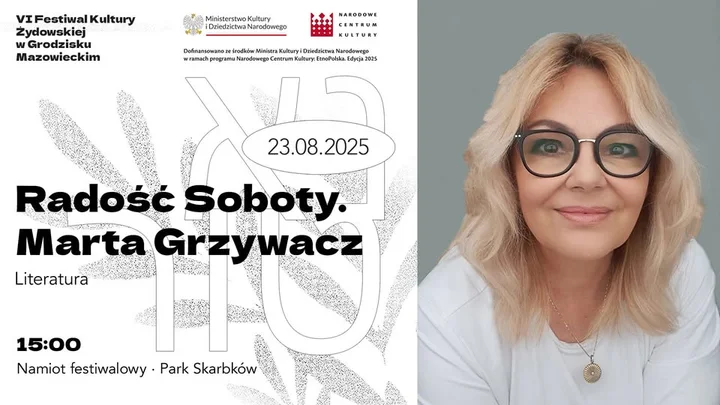 Obrazek przedstawia grafikę promocyjną wydarzenia Spotkanie z Martą Grzywacz o Archiwum Ringelbluma w Parku Skarbków
