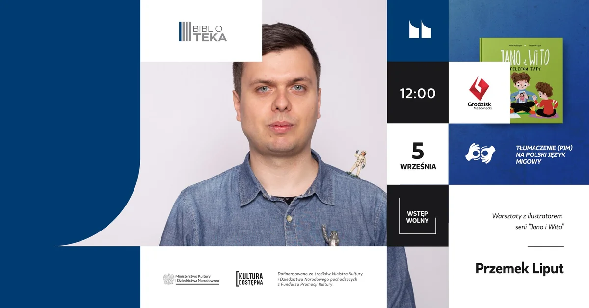 Grafika promocyjna wydarzenia Rodzinne warsztaty z Przemkiem Liputem – Grodzisk Mazowiecki