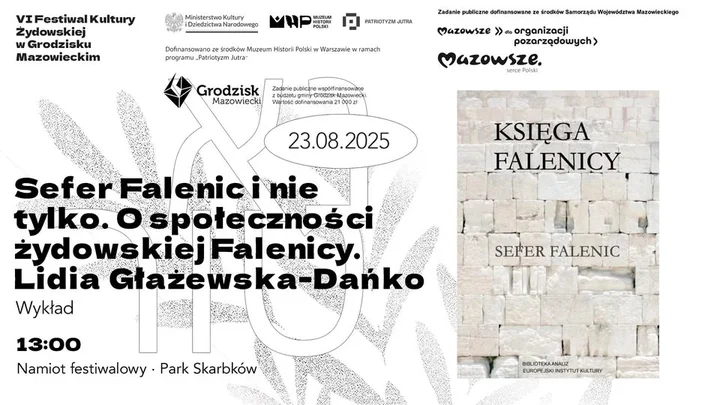 Obrazek przedstawia grafikę promocyjną wydarzenia Wykład o społeczności żydowskiej Falenicy i książce pamięci Sefer Falenic