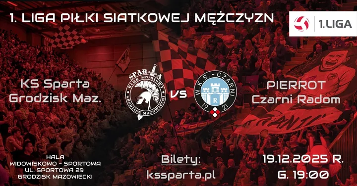 Grafika promocyjna wydarzenia SPARTA GRODZISK MAZOWIECKI vs PIERROT Czarni Radom — 19 grudnia w Hali CAIIS Grodzisk Mazowiecki