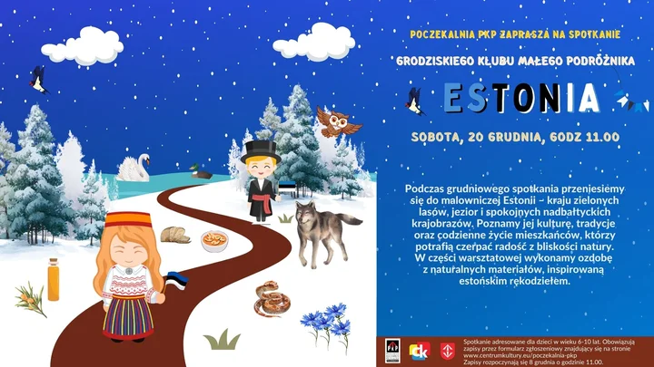 Grafika promocyjna wydarzenia Spotkanie Grodziskiego Klubu Małego Podróżnika: Estonia — warsztaty i opowieści o naturze