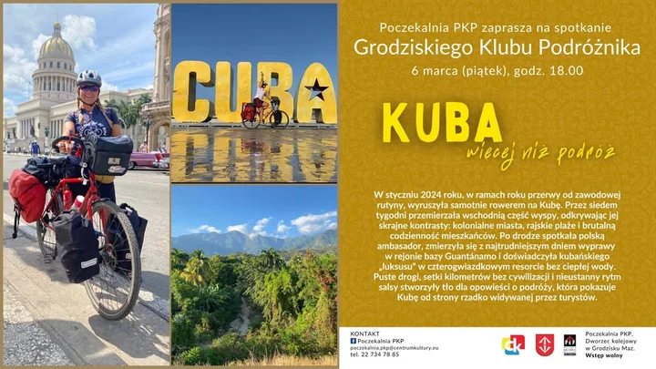 Grafika promocyjna wydarzenia Spotkanie Grodziskiego Klubu Podróżnika: Kuba — opowieści z rowerowej wyprawy