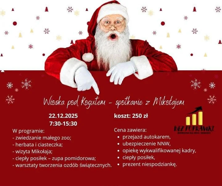 Grafika promocyjna wydarzenia Spotkanie z Mikołajem — wycieczka do Wioski pod Kogutem (22 grudnia 2025)