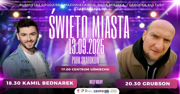 Obrazek przedstawia grafikę promocyjną wydarzenia Koncerty Kamil Bednarek i Grubson w Parku Skarbków