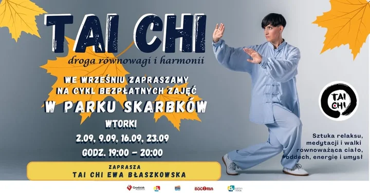 Obrazek przedstawia grafikę promocyjną wydarzenia Bezpłatne zajęcia tai chi w Parku Skarbków we wrześniu