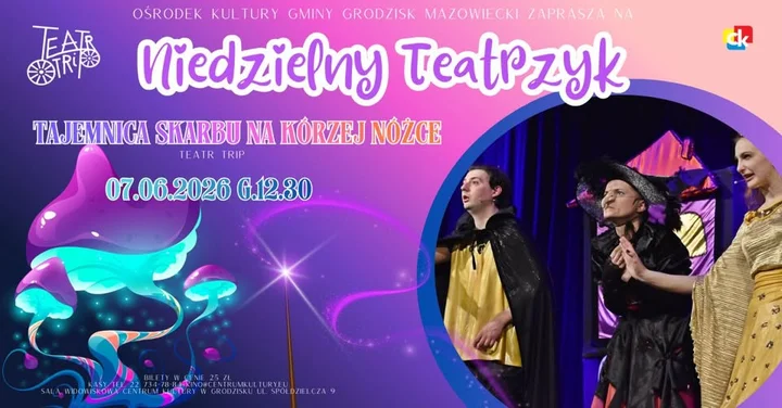 Grafika promocyjna wydarzenia Tajemnica skarbu na kurzej nóżce — niedzielny teatrzyk dla dzieci
