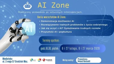 Grafika promocyjna wydarzenia AI ZONE — warsztaty AI: popkultura i futurologia