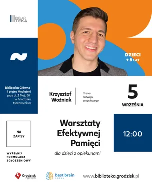 Grafika promocyjna wydarzenia Best Brain. Bezpłatne warsztaty efektywnej pamięci dla dzieci