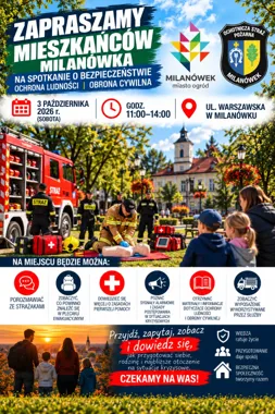 Grafika promocyjna wydarzenia Bezpieczny Milanówek – spotkanie o ochronie ludności i obronie cywilnej