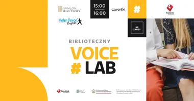 Grafika promocyjna wydarzenia Biblioteczny VoiceLab w Grodzisku Mazowieckim. Angielski dla dzieci 10–12 lat w Pawilonie Kultury