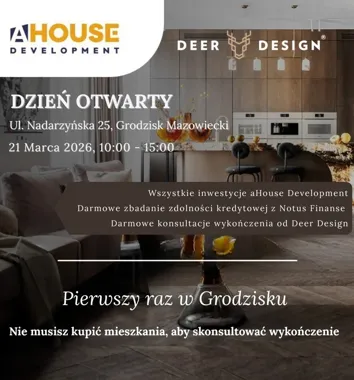 Grafika promocyjna wydarzenia Dzień Otwarty Deer Design x aHouse Development — przegląd ofert i bezpłatne konsultacje