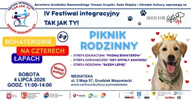 Grafika promocyjna wydarzenia Festiwal integracyjny Tak Jak Ty – piknik rodzinny „Bohaterowie na Czterech Łapach” w Mediatece