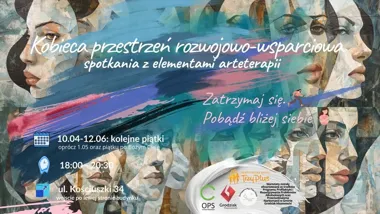 Grafika promocyjna wydarzenia Kobieca przestrzeń rozwojowo-wsparciowa w Grodzisku Mazowieckim. Spotkania z arteterapią dla kobiet
