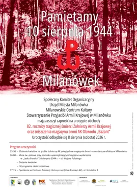 Grafika promocyjna wydarzenia Obchody 82. rocznicy tragicznej śmierci Żołnierzy Armii Krajowej oraz zniszczenia magazynu broni AK Obwodu „Bażant”