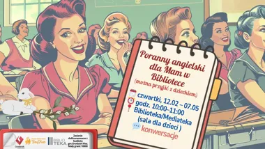 Grafika promocyjna wydarzenia Poranny angielski dla Mam w Bibliotece – spokojne rozmowy po angielsku w Grodzisku Mazowieckim